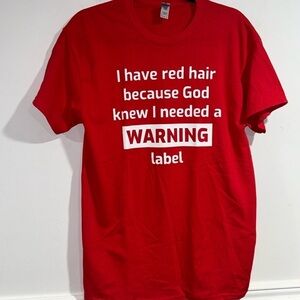 Red hair shirt warning label medium new short sleeve
